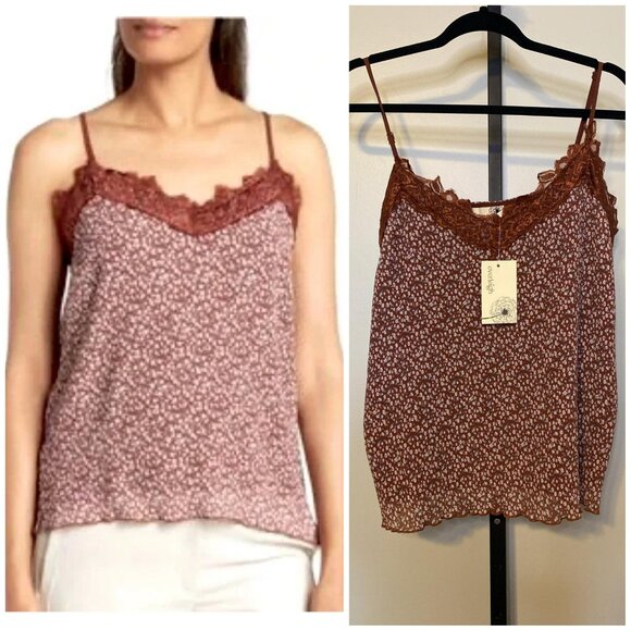 everleigh Tops - Everleigh Brown Crinkle Floral Lace Trim Camisole